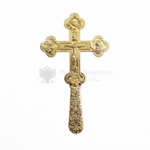 croce benedizionale in metallo dorato a rilievo