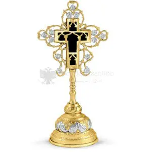 Croce benedizionale in metallo dorato e argentato con basamento size 17x10x27 cod 71 651