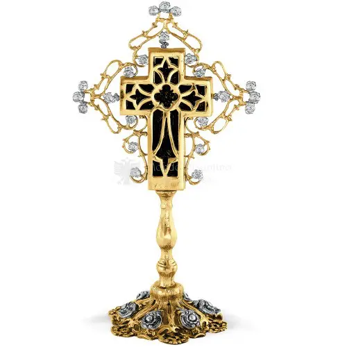 Croce benedizionale in metallo dorato e argentato con basamento size 17x10x27 cod 71 652