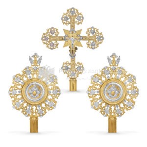 Set croce processionale e cherubini in metallo dorato e argentato size 27x36 19x32 cod 34 267