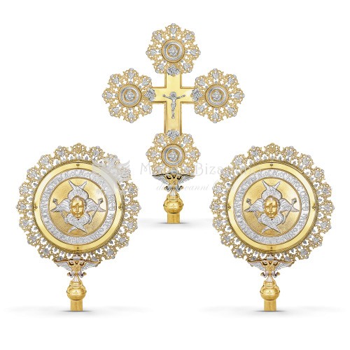Set croce processionale e cherubini in metallo dorato e argentato size 46x65 37x54 cod 30 257