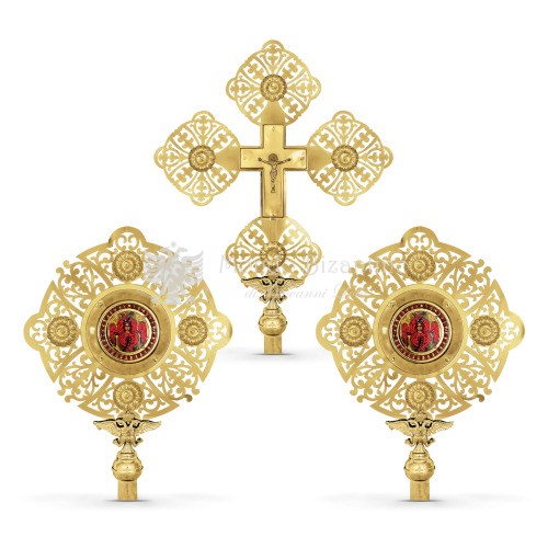 Set croce processionale e cherubini in metallo dorato e argentato size 47x67 38x53 cod 31 260