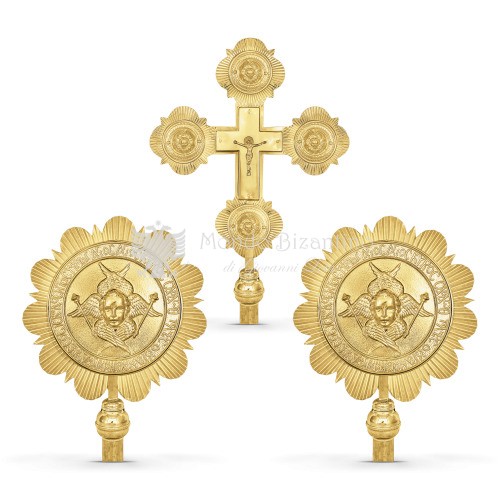 Set croce processionale e cherubini in metallo dorato size 39x59 32x47 cod 32 262