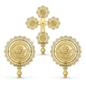 Set croce processionale e cherubini in metallo dorato size 46x65 37x54 cod 30 256