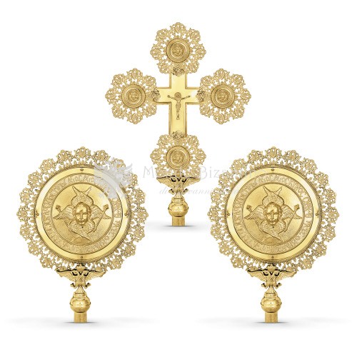 Set croce processionale e cherubini in metallo dorato size 46x65 37x54 cod 30 256