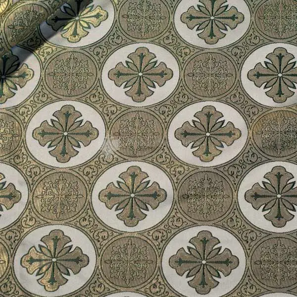 tessuto bizantino croce rotonda I 14 104 bianco ricamo oro verde