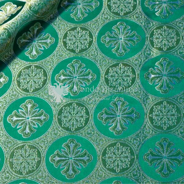 tessuto bizantino croce rotonda I 14 110 verde ricamo argento
