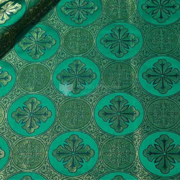 tessuto bizantino croce rotonda I 14 111 verde ricamo oro