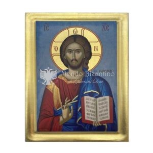 icona serigrafata cristo benedicente salvatore del mondo fondo blu