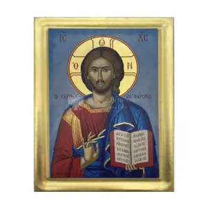 icona serigrafata cristo benedicente salvatore del mondo fondo blu