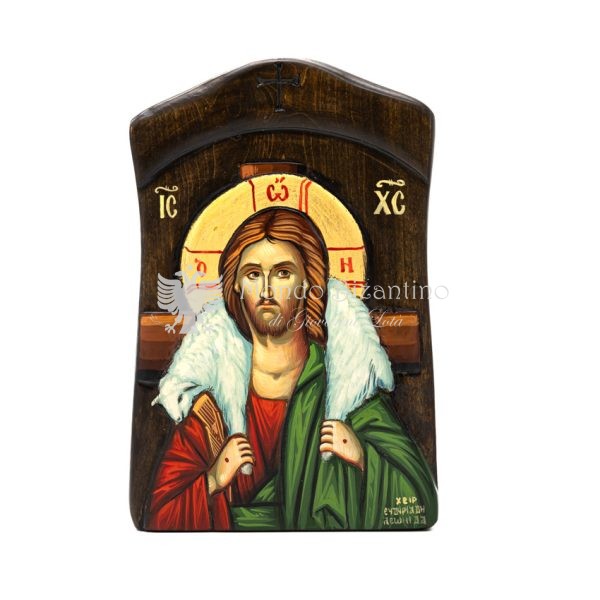 icona dipinta a mano e scolpita gesu buon pastore cm25x15.5