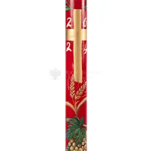 cero pasquale dipinto a mano con simboli eucaristici fondo rosso