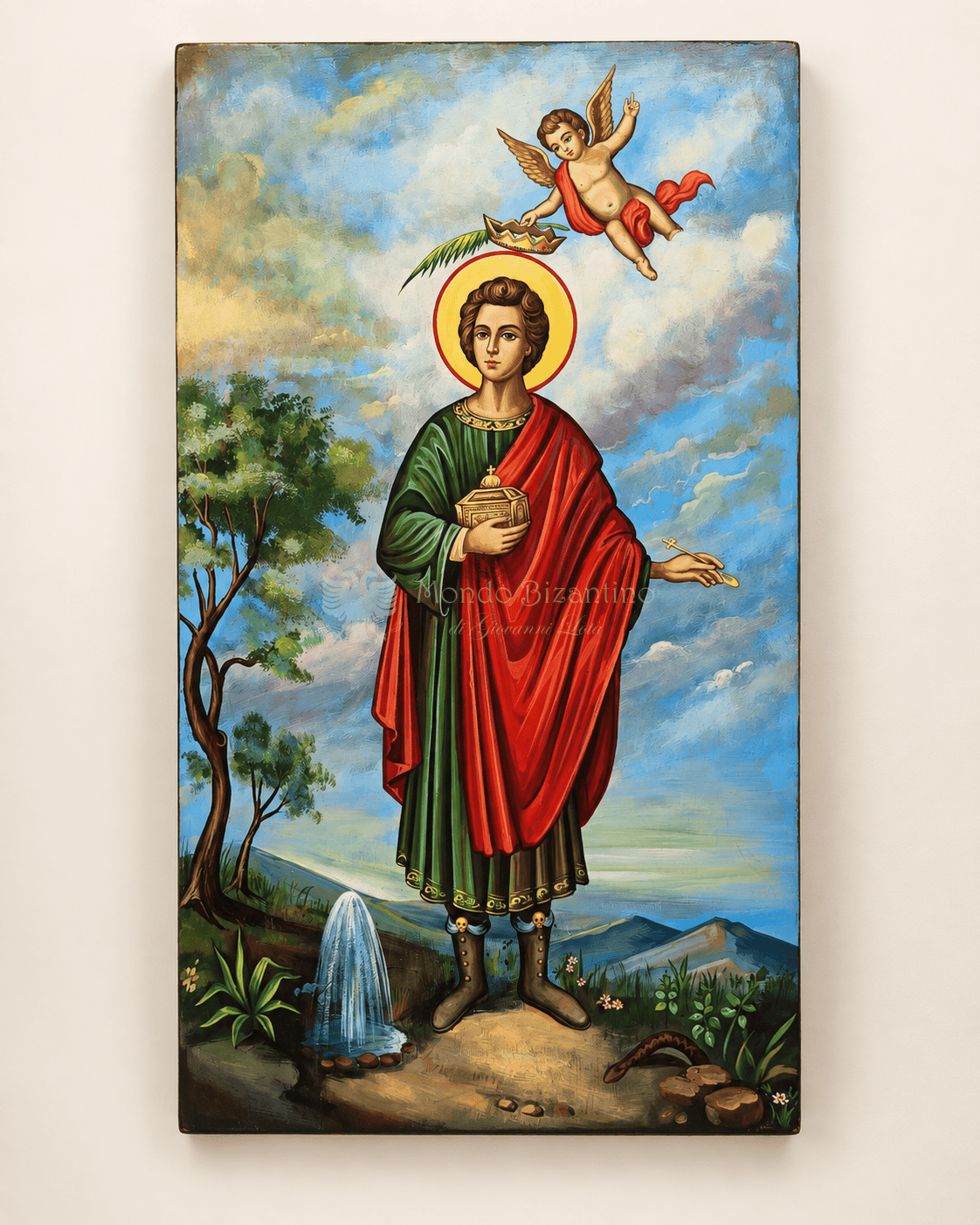 Icona dipinta a mano di San Panteleimon (San Pantaleone), medico e martire, tavola cm 28x50