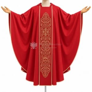 Casula rossa collo romano in misto lana laminato oro con stolone ricamato - davanti
