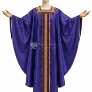Casula viola in misto lana laminato oro con galloni oro e collo ricamato - davanti